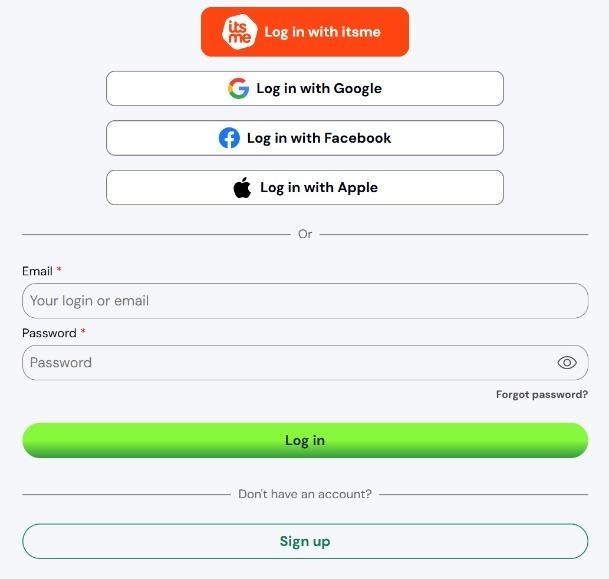 Star Casino Online login page – log in with itsme, Google, Facebook, Apple or email and password