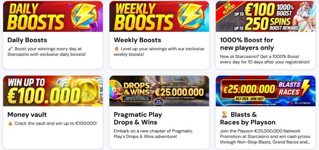 Star Casino Online promotions – daily boosts, weekly boosts, 1000% new player bonus, money vault and Pragmatic Play Drops and Wins